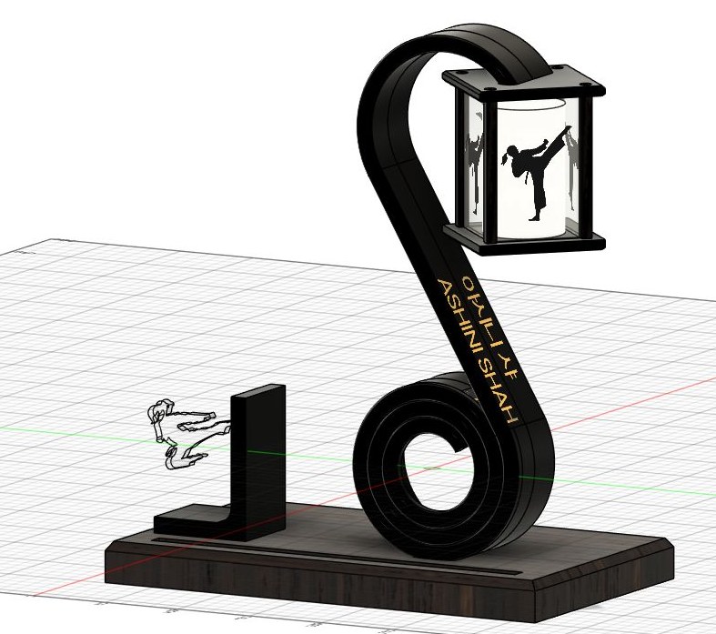CAD of the whole assembly: arm, lantern, coil, bookend and base.