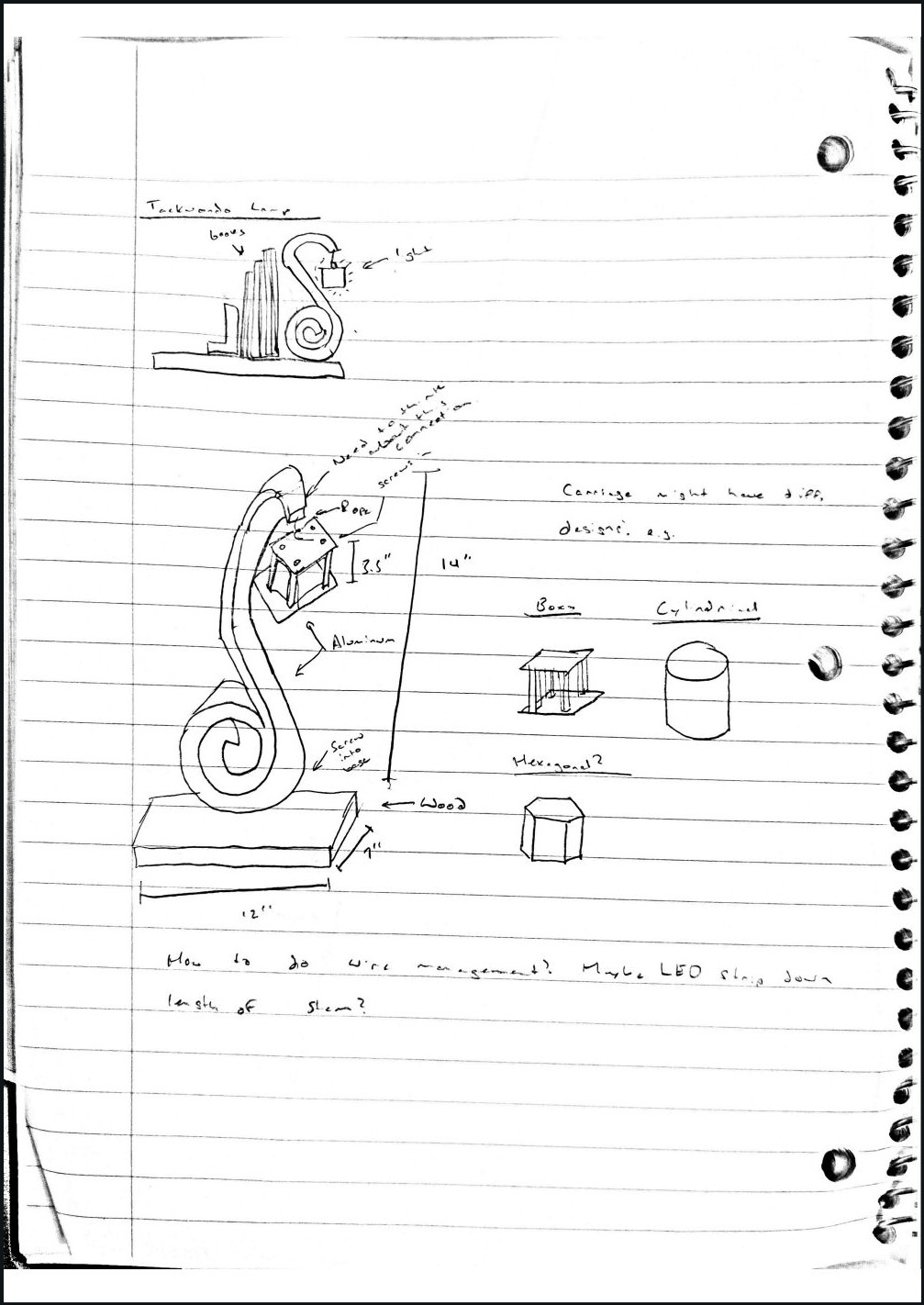 Two notebook pages of sketches: four concepts on the first, and on the second a developed lamp with dimensions and base options.