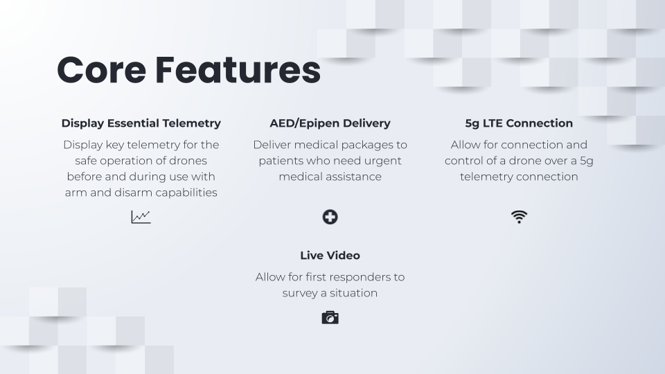 Core Features: display essential telemetry with arm and disarm, AED and EpiPen delivery, a cellular connection, and live video for first responders to survey a situation.