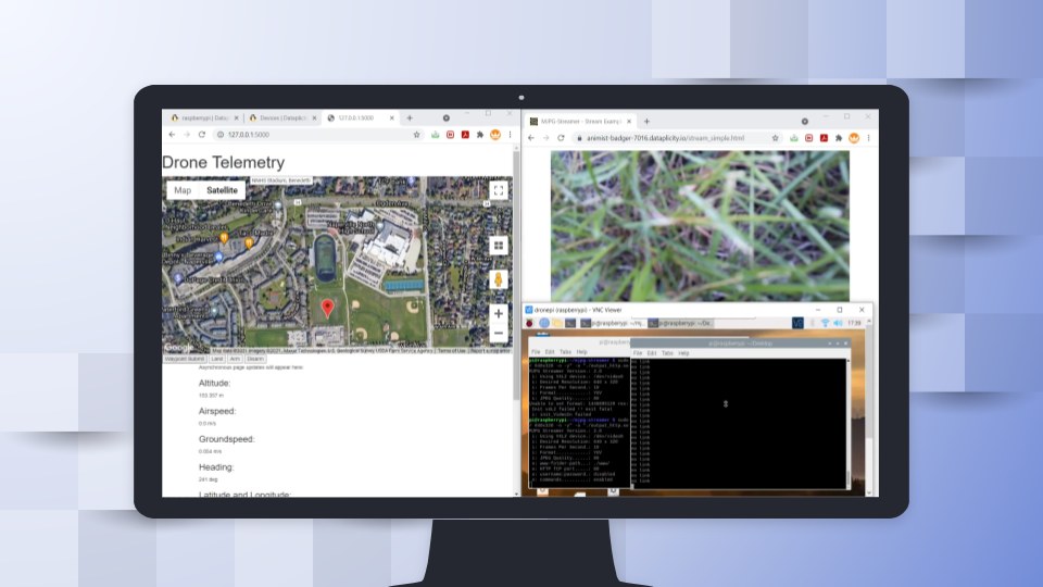 The ground station as the operator sees it, shown on a desktop monitor: the map with a dropped waypoint and live readouts on the left, the camera feed top right, and terminals over VNC below.