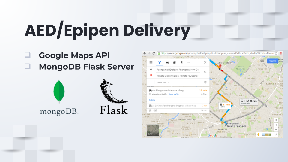 AED and EpiPen delivery: Google Maps API, and MongoDB struck through in favour of a Flask server, beside a route on a map.
