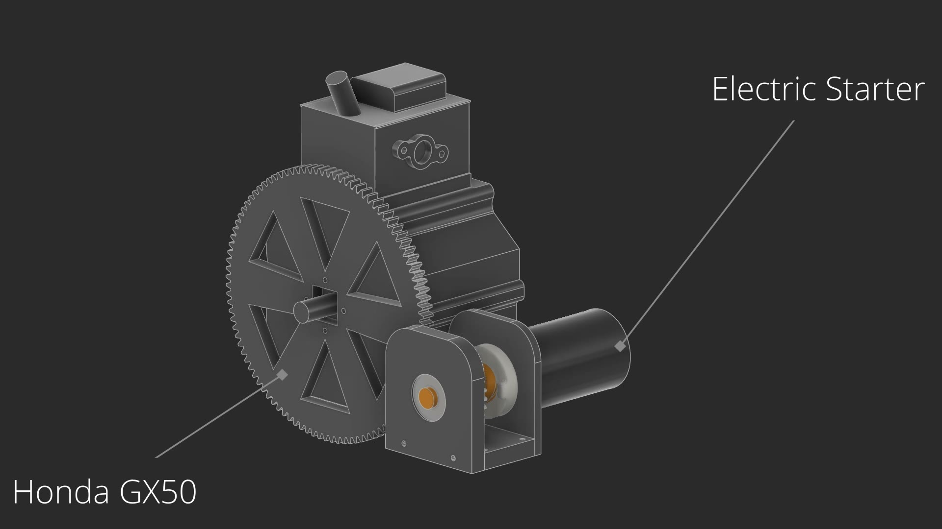 CAD of the engine and its starter: a large flywheel ring gear on the engine, with the electric starter motor mounted beside it.