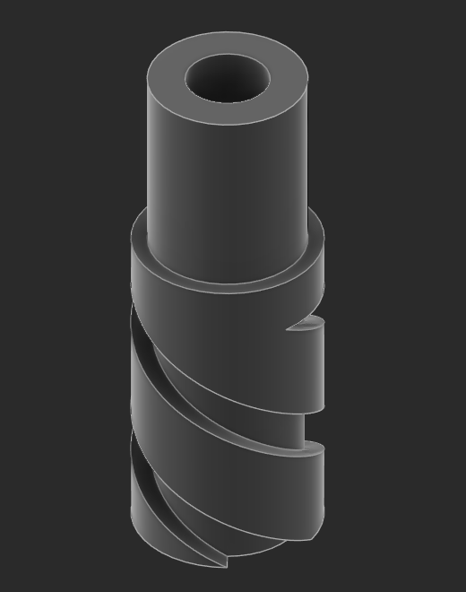 CAD of the inner spiral: a helically fluted body with a stepped shoulder and a hollow shaft bored through its length.