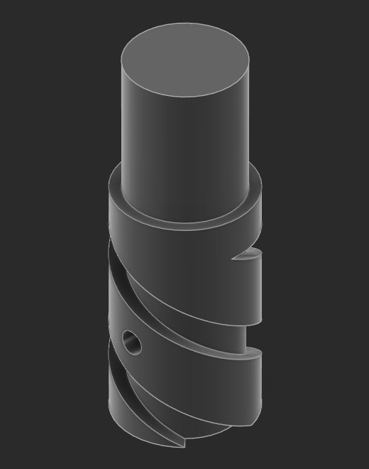 A solid shaft narrower than the body, stepped at the shoulder, with a single cross-hole through the fluted section.