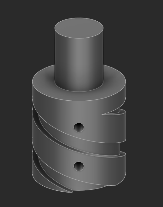 A wider body with a flange at the top, a narrower shaft, and a pair of cross-holes stacked along the flutes.
