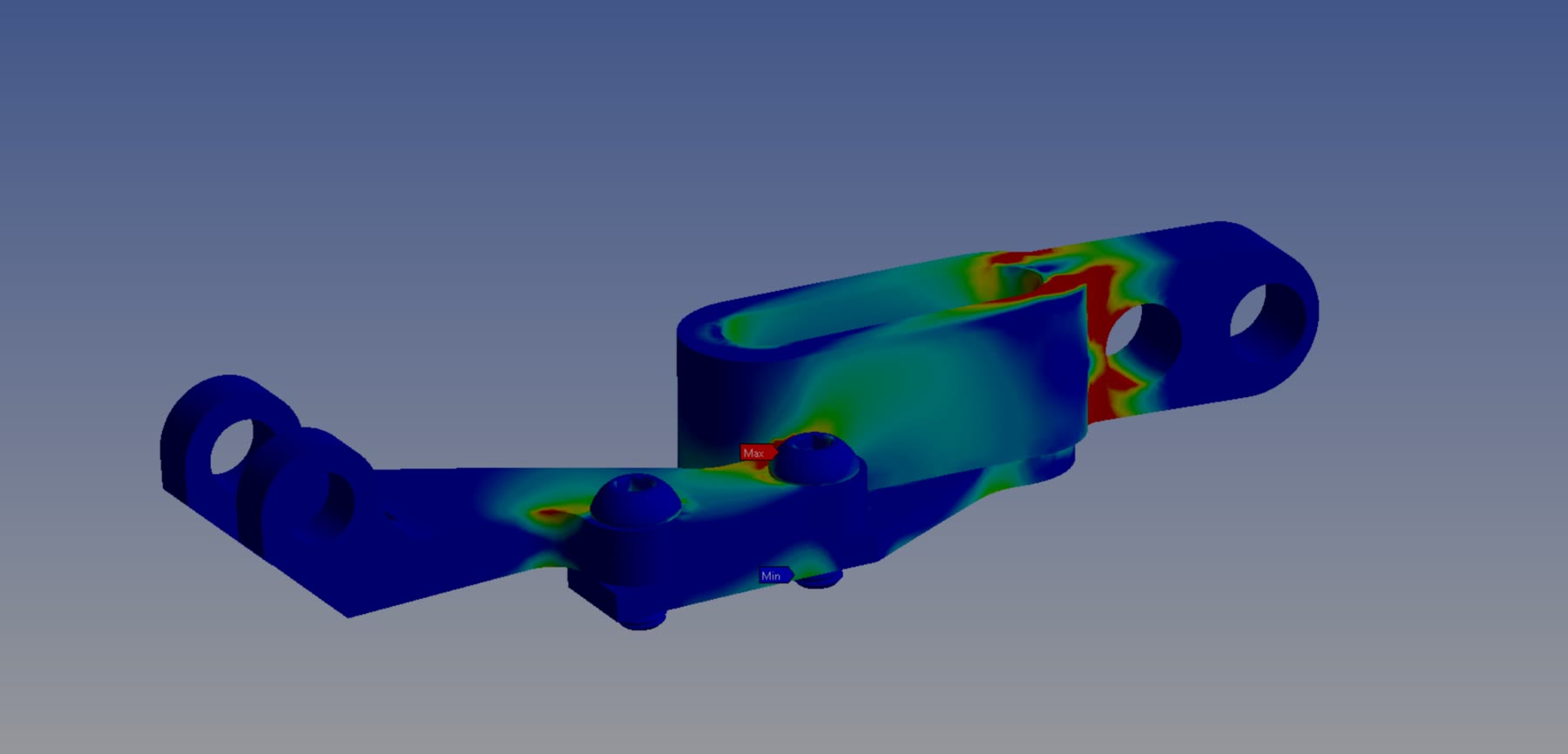 An FEA result on the redesigned adapter, coloured by stress, with the highest values at the fillets around the mounting holes.