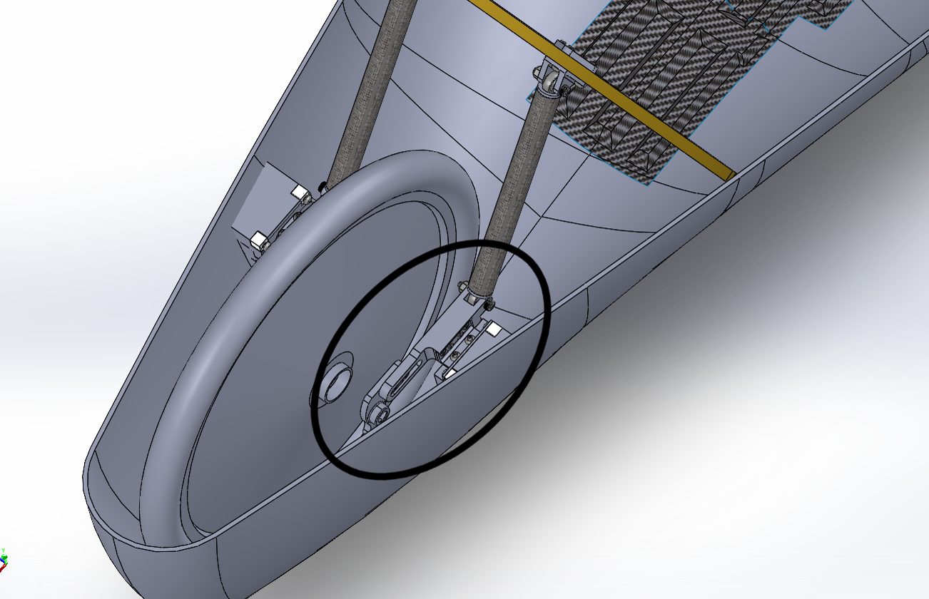 CAD of the car with the rear wheel assembly circled, showing where the adapter sits in the vehicle.